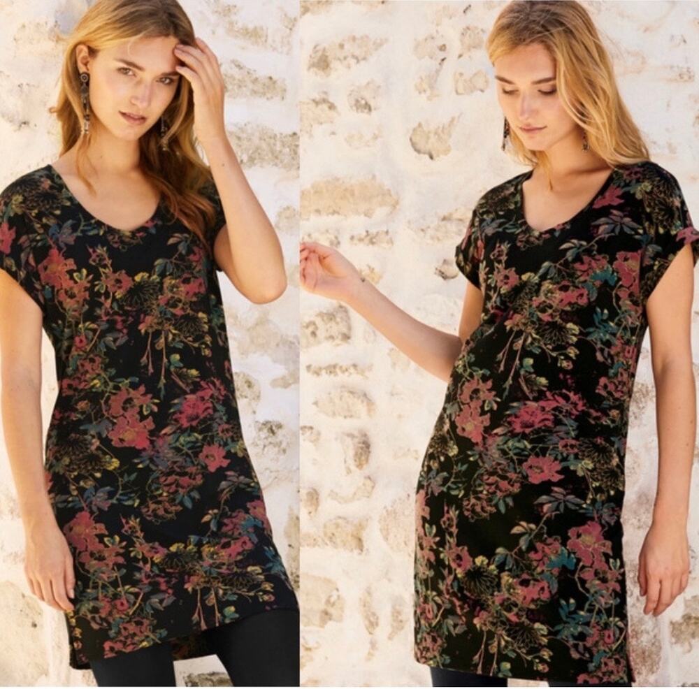 Peruvian Connection Botanical Floral Tunic Dress Size S Boho Fall Cottagecore